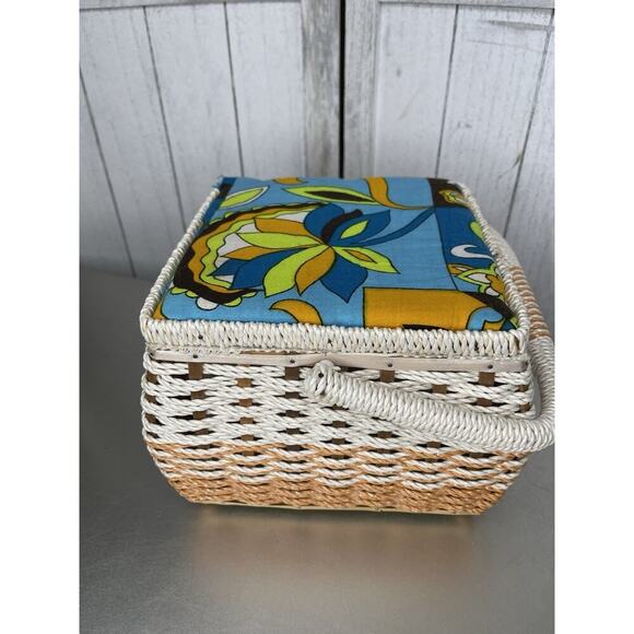Vintage 70s Sewing Basket Retro Square Woven Blue Green Floral Psychedelic Japan - Picture 5 of 11